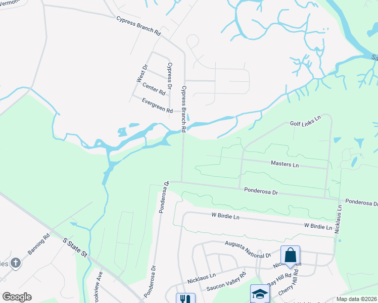 map of restaurants, bars, coffee shops, grocery stores, and more near 78 Cypress Branch Road in Magnolia
