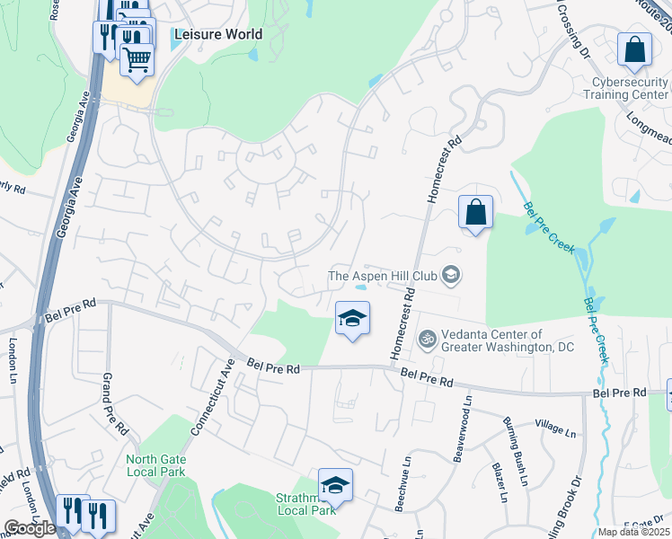 map of restaurants, bars, coffee shops, grocery stores, and more near 3234 Ludham Drive in Silver Spring