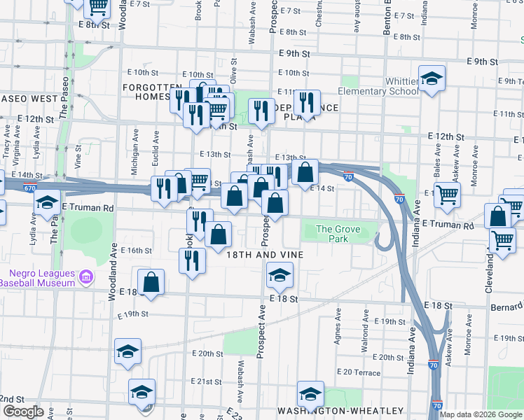 map of restaurants, bars, coffee shops, grocery stores, and more near 2501 East Truman Road in Kansas City
