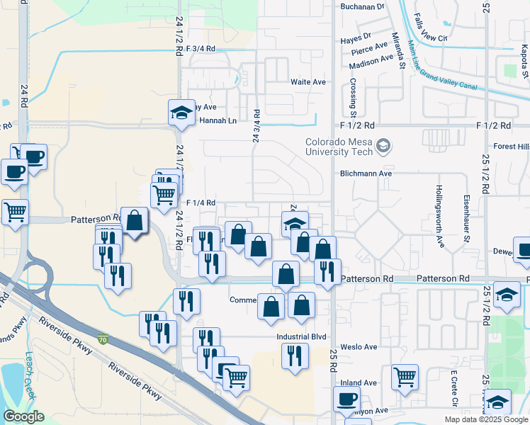 map of restaurants, bars, coffee shops, grocery stores, and more near 2477 Thunder Mountain Drive in Grand Junction