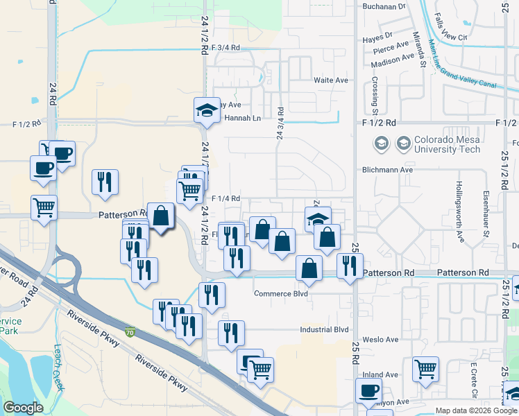 map of restaurants, bars, coffee shops, grocery stores, and more near 2459 Thunder Mountain Drive in Grand Junction