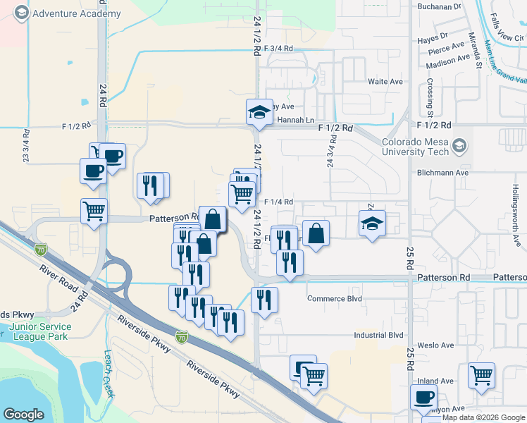 map of restaurants, bars, coffee shops, grocery stores, and more near 615 Balanced Rock Way in Grand Junction
