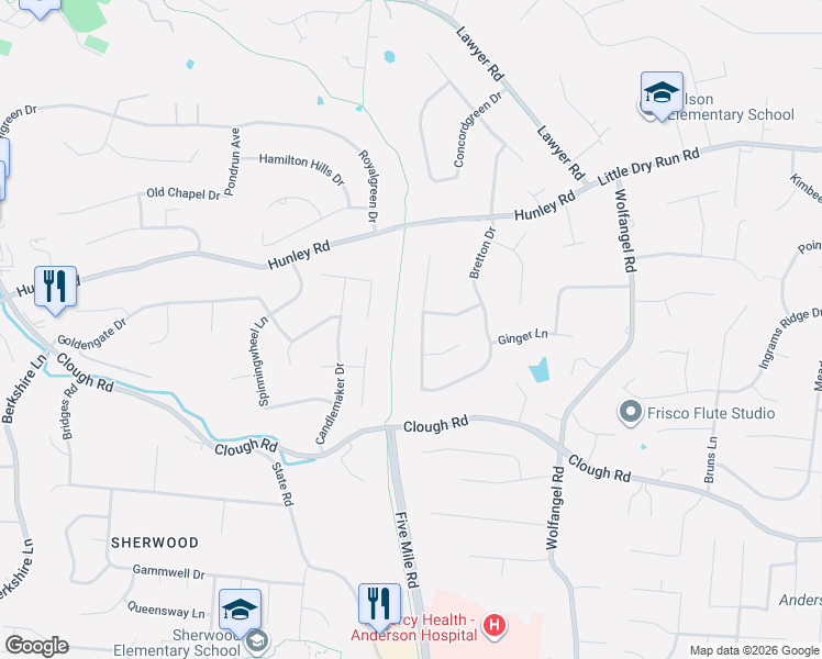 map of restaurants, bars, coffee shops, grocery stores, and more near 2271 Donnington Lane in Cincinnati