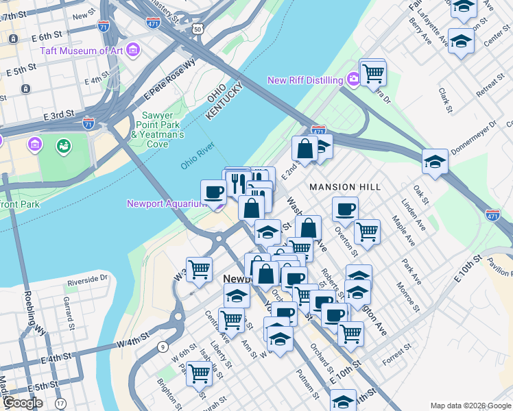 map of restaurants, bars, coffee shops, grocery stores, and more near 1 Levee Way in Newport