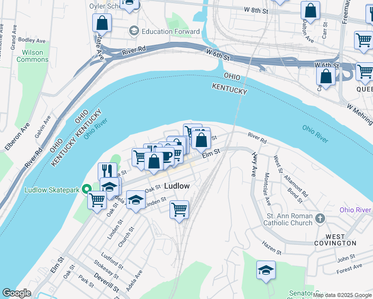 map of restaurants, bars, coffee shops, grocery stores, and more near 122 Elm Street in Ludlow