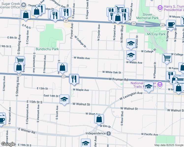 map of restaurants, bars, coffee shops, grocery stores, and more near 1314 West Truman Road in Independence