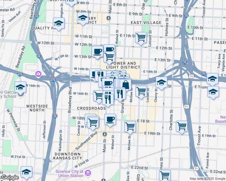 map of restaurants, bars, coffee shops, grocery stores, and more near 1532 Walnut Street in Kansas City