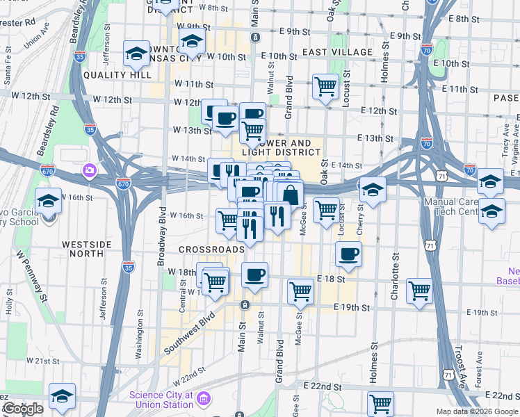 map of restaurants, bars, coffee shops, grocery stores, and more near 1520 Walnut Street in Kansas City