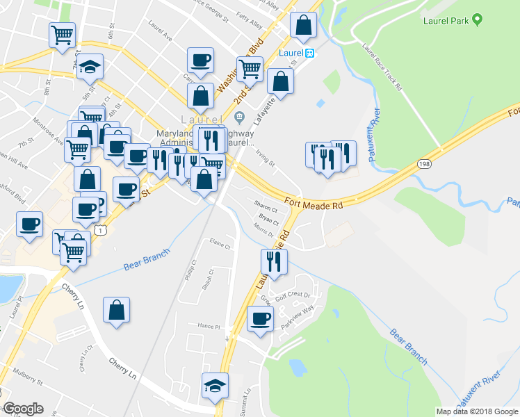 map of restaurants, bars, coffee shops, grocery stores, and more near Parkside Drive in Laurel