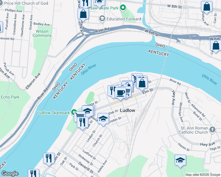 map of restaurants, bars, coffee shops, grocery stores, and more near 33 Kenner Street in Ludlow