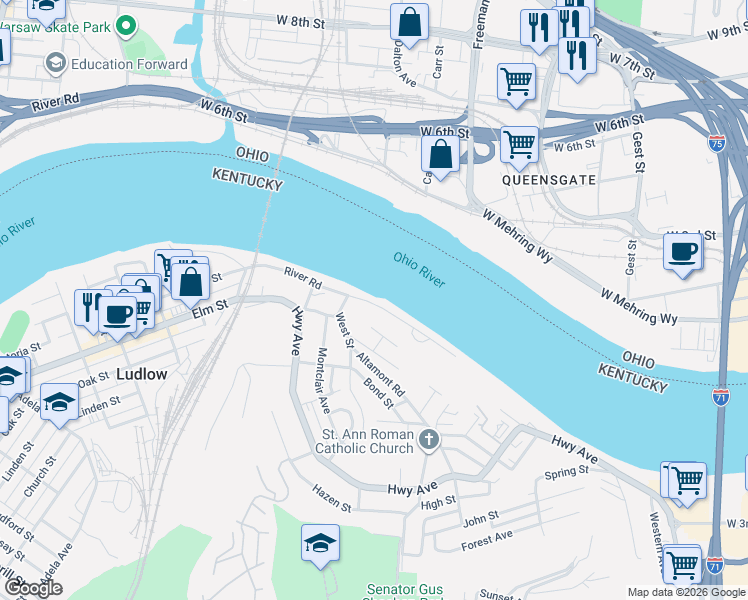 map of restaurants, bars, coffee shops, grocery stores, and more near 103 River Road in Ludlow