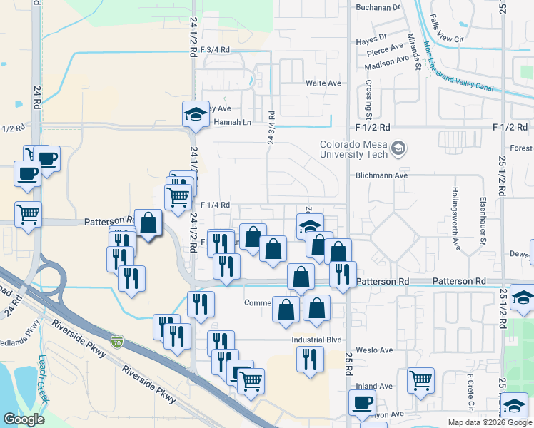 map of restaurants, bars, coffee shops, grocery stores, and more near 2464 Thunder Mountain Drive in Grand Junction