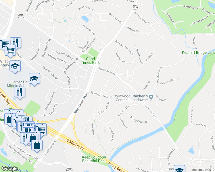 map of restaurants, bars, coffee shops, grocery stores, and more near 18834 Silverwood Terrace in Leesburg