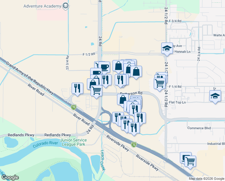 map of restaurants, bars, coffee shops, grocery stores, and more near 2405-2409 F Rd in Grand Junction