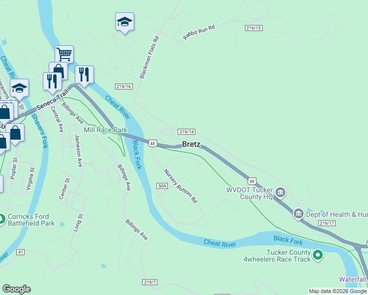 map of restaurants, bars, coffee shops, grocery stores, and more near Allegheny Highlands Trail of WV in Hambleton