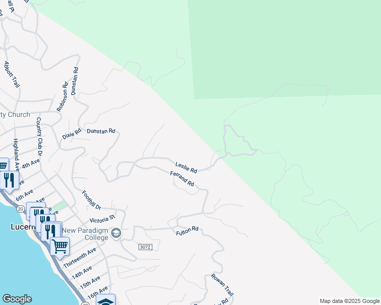 map of restaurants, bars, coffee shops, grocery stores, and more near 6983 Leslie Road in Lucerne