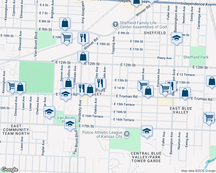 map of restaurants, bars, coffee shops, grocery stores, and more near 1400 Topping Avenue in Kansas City