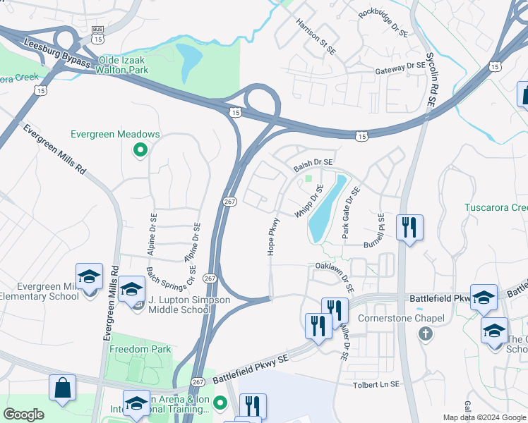 map of restaurants, bars, coffee shops, grocery stores, and more near 535 Sunset View Terrace Southeast in Leesburg