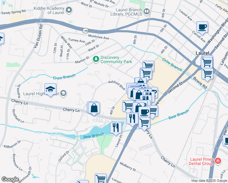 map of restaurants, bars, coffee shops, grocery stores, and more near 14800 4th Street in Laurel