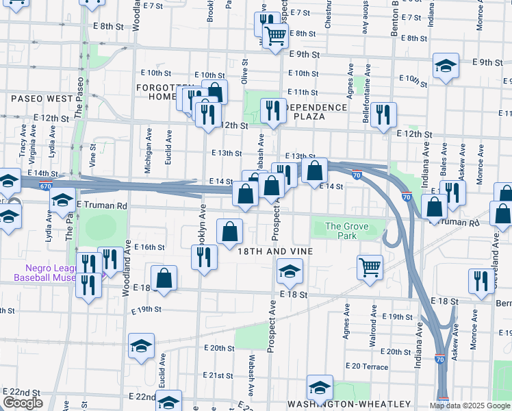 map of restaurants, bars, coffee shops, grocery stores, and more near 2501 East Truman Road in Kansas City