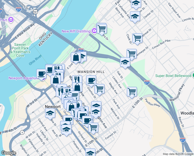 map of restaurants, bars, coffee shops, grocery stores, and more near 521 Monroe Street in Newport