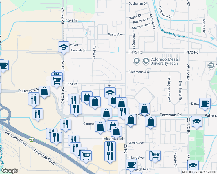 map of restaurants, bars, coffee shops, grocery stores, and more near 616 Mesa Canyon Lane in Grand Junction