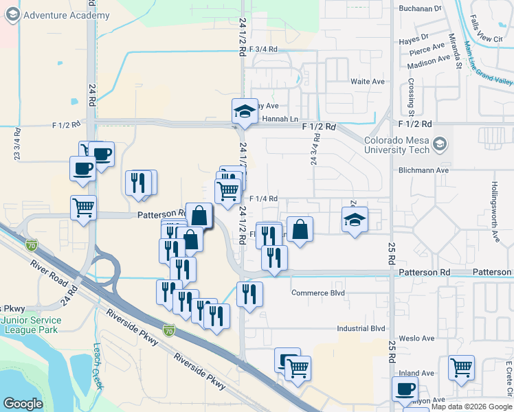 map of restaurants, bars, coffee shops, grocery stores, and more near 615 Balanced Rock Way in Grand Junction