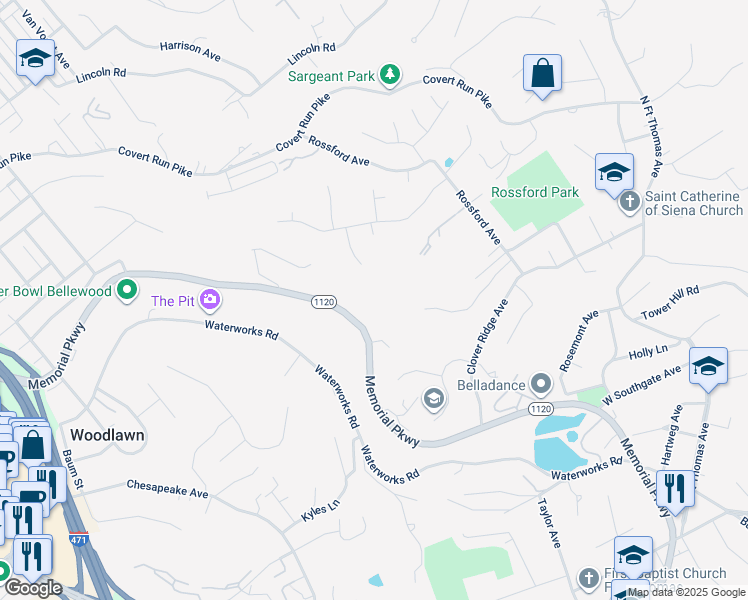 map of restaurants, bars, coffee shops, grocery stores, and more near 900 Oakwood Drive in Fort Thomas