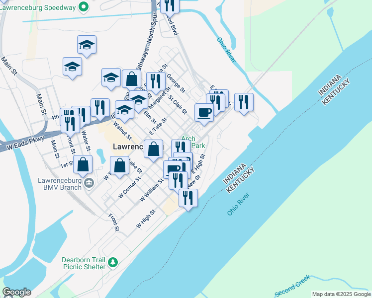 map of restaurants, bars, coffee shops, grocery stores, and more near 130 Short Street in Lawrenceburg