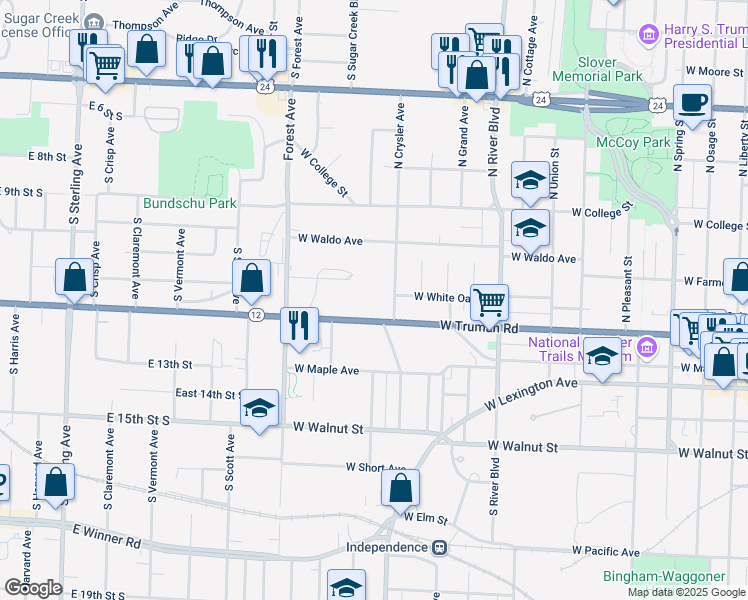 map of restaurants, bars, coffee shops, grocery stores, and more near 1314 West Truman Road in Independence