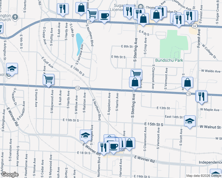 map of restaurants, bars, coffee shops, grocery stores, and more near 1223 South Appleton Avenue in Independence