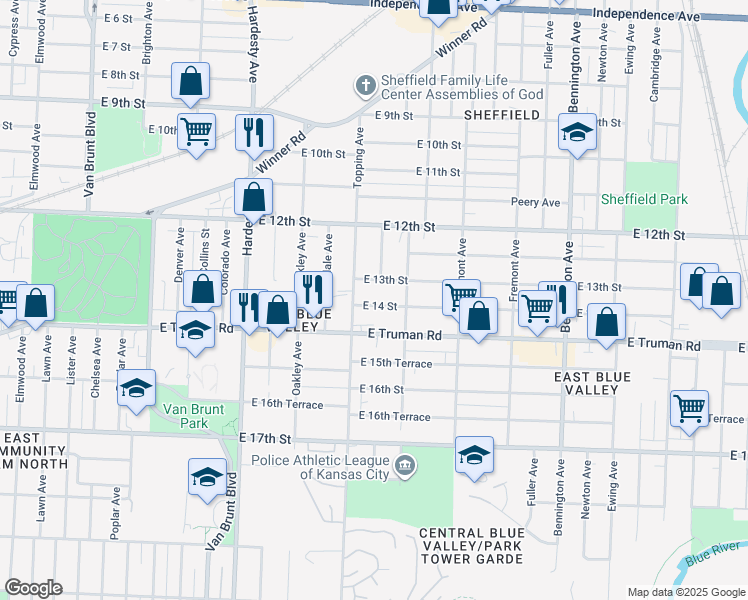 map of restaurants, bars, coffee shops, grocery stores, and more near 5824 East 14th Street in Kansas City