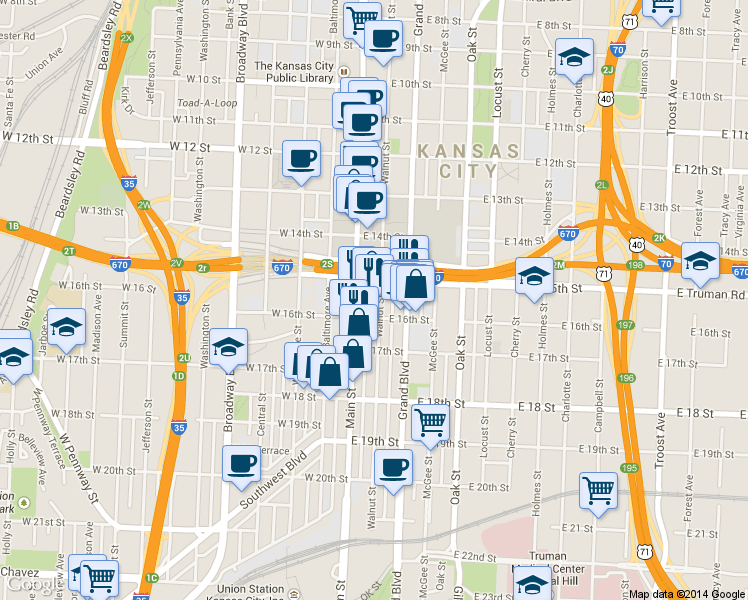 map of restaurants, bars, coffee shops, grocery stores, and more near 1532 Walnut Street in Kansas City