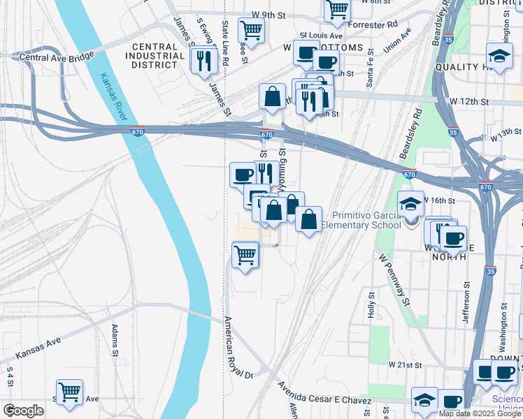 map of restaurants, bars, coffee shops, grocery stores, and more near 1600 Genessee Street in Kansas City