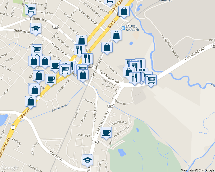map of restaurants, bars, coffee shops, grocery stores, and more near 106 Sharon Court in Laurel