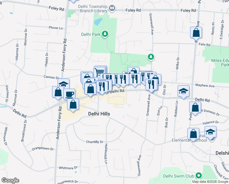 map of restaurants, bars, coffee shops, grocery stores, and more near 5043 Delhi Road in Cincinnati
