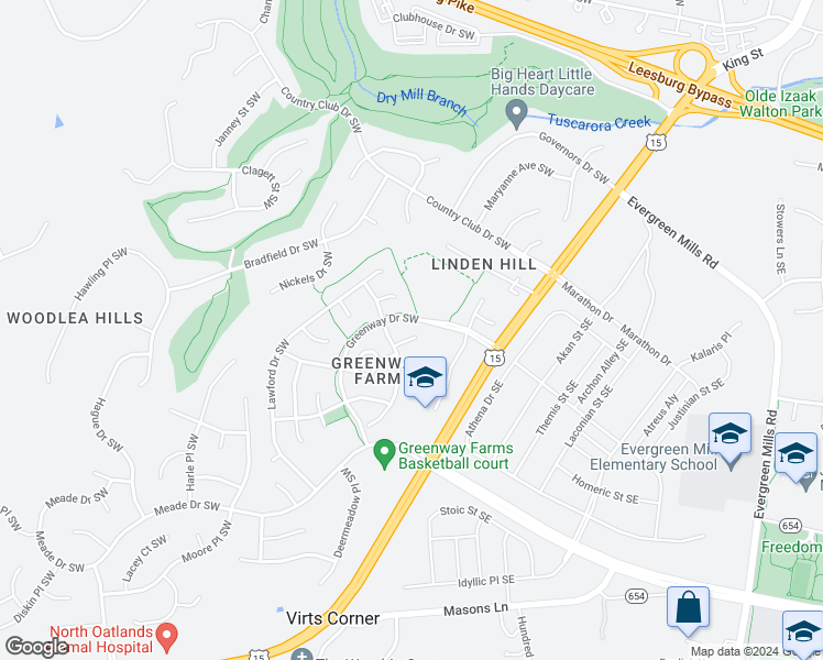map of restaurants, bars, coffee shops, grocery stores, and more near 132 Connery Terrace Southwest in Leesburg