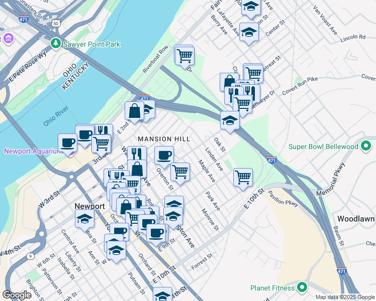 map of restaurants, bars, coffee shops, grocery stores, and more near 607 Park Avenue in Newport
