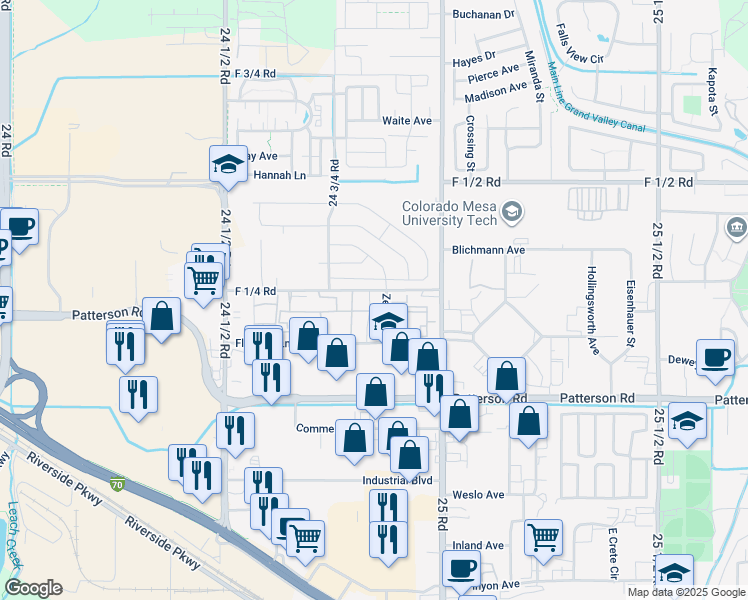 map of restaurants, bars, coffee shops, grocery stores, and more near 620 Mesa Canyon Lane in Grand Junction
