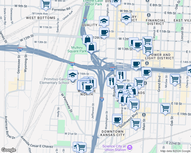 map of restaurants, bars, coffee shops, grocery stores, and more near 1601 Jefferson Street in Kansas City