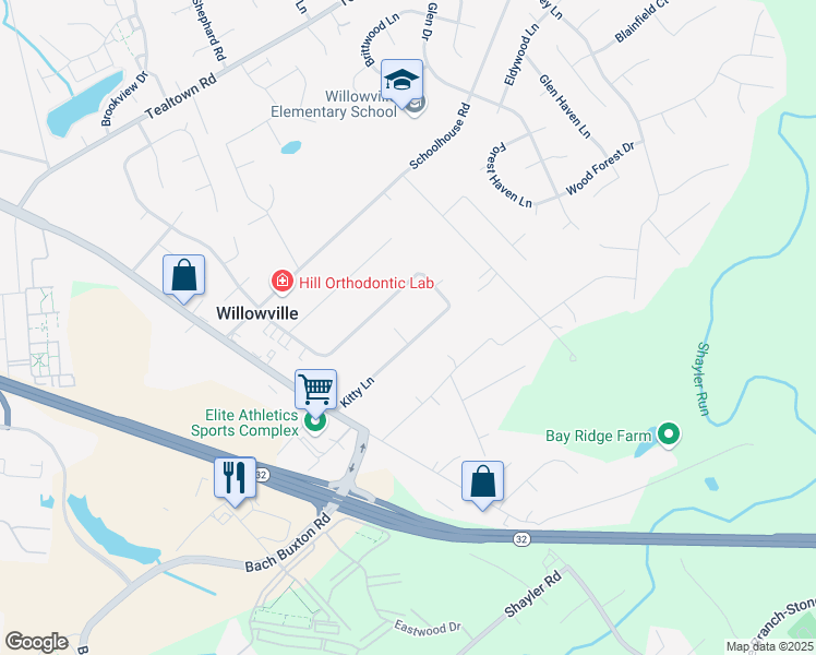 map of restaurants, bars, coffee shops, grocery stores, and more near 4445 Kitty Lane in Batavia