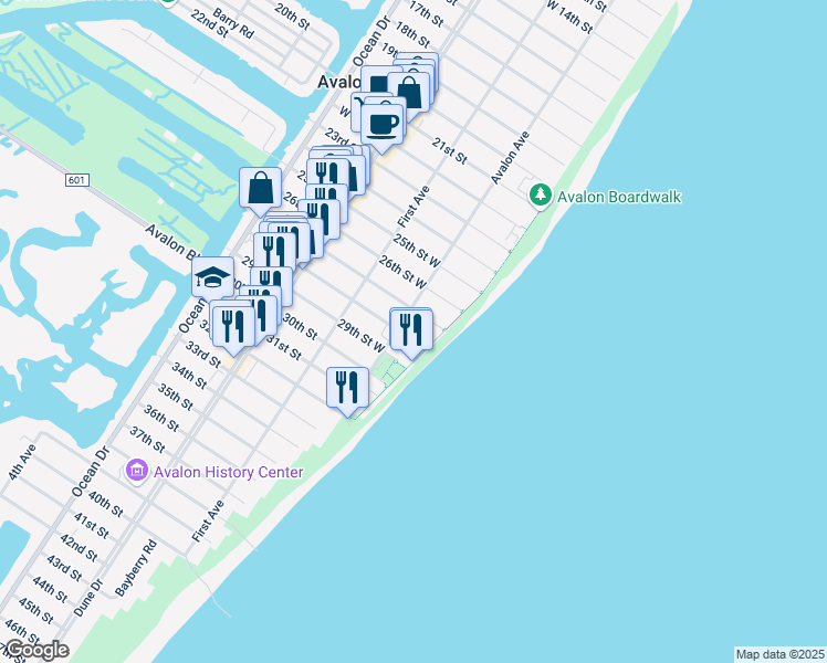 map of restaurants, bars, coffee shops, grocery stores, and more near 29 28th Street East in Avalon