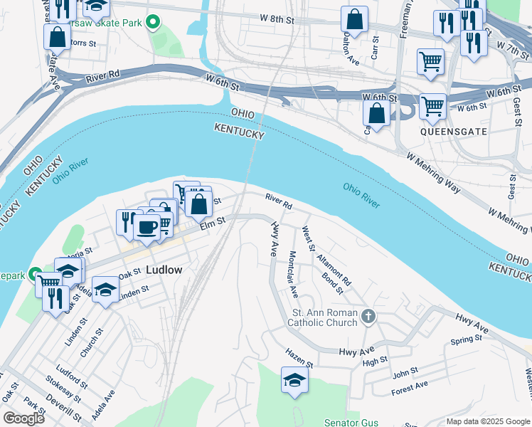 map of restaurants, bars, coffee shops, grocery stores, and more near 111 Highway Avenue in Ludlow