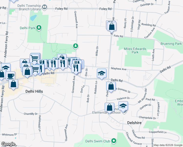 map of restaurants, bars, coffee shops, grocery stores, and more near 4705 Delhi Pike in Cincinnati