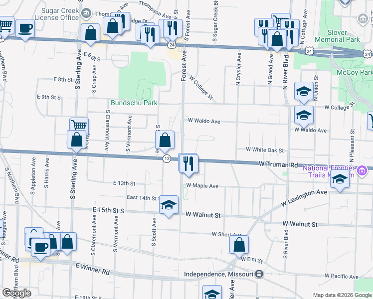 map of restaurants, bars, coffee shops, grocery stores, and more near 1515 East Truman Road in Independence