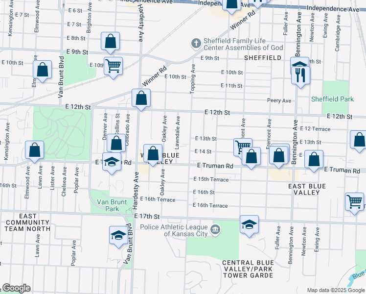 map of restaurants, bars, coffee shops, grocery stores, and more near 5716 East Truman Road in Kansas City
