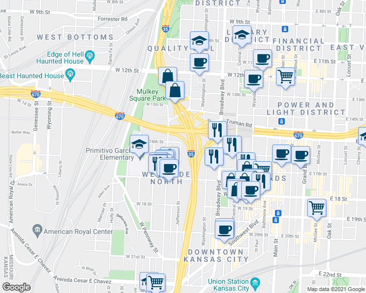 map of restaurants, bars, coffee shops, grocery stores, and more near 1625 Jefferson Street in Kansas City