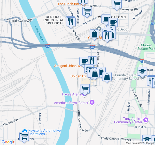 map of restaurants, bars, coffee shops, grocery stores, and more near 200 South James Street in Kansas City