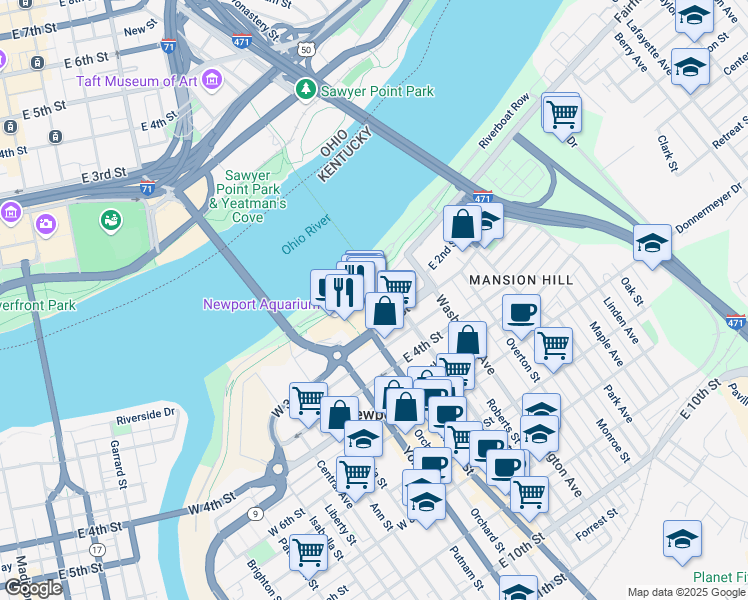 map of restaurants, bars, coffee shops, grocery stores, and more near 304 Monmouth Street in Newport