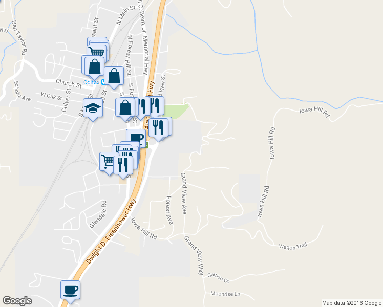 map of restaurants, bars, coffee shops, grocery stores, and more near 24342 Grand View Avenue in Colfax